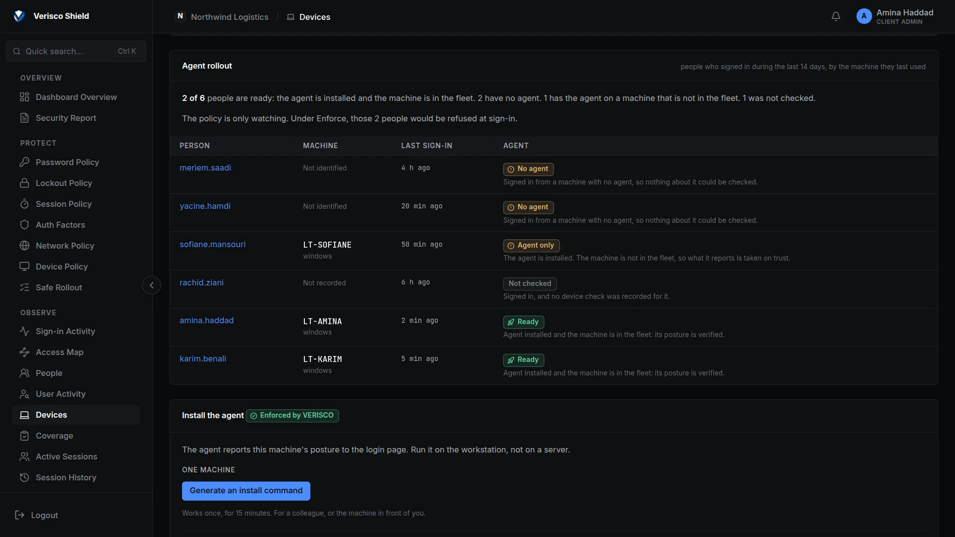 The Devices page: six people listed by whether their machine has the agent, above the panel that installs it.