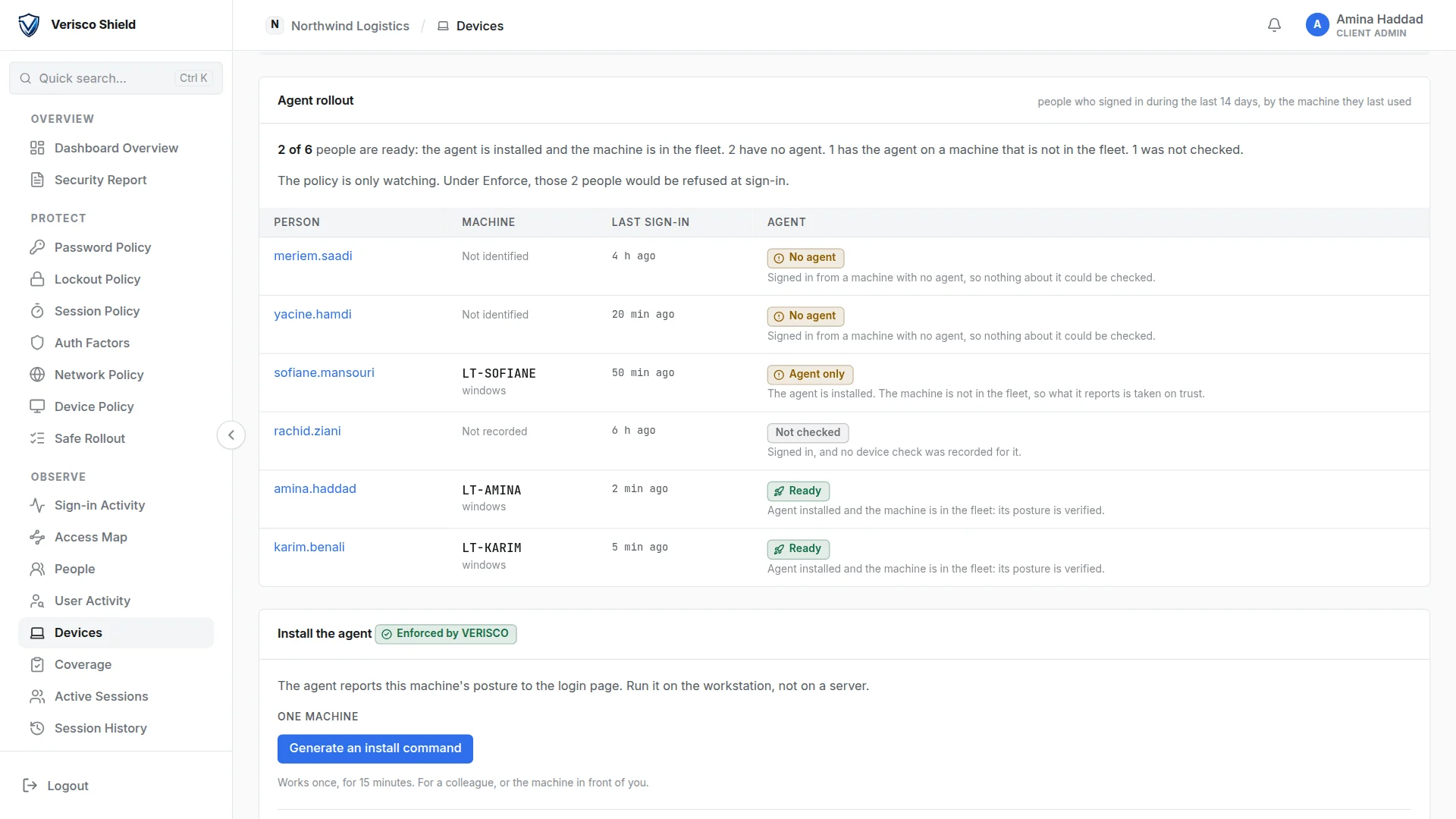 The Devices page: six people listed by whether their machine has the agent, above the panel that installs it.