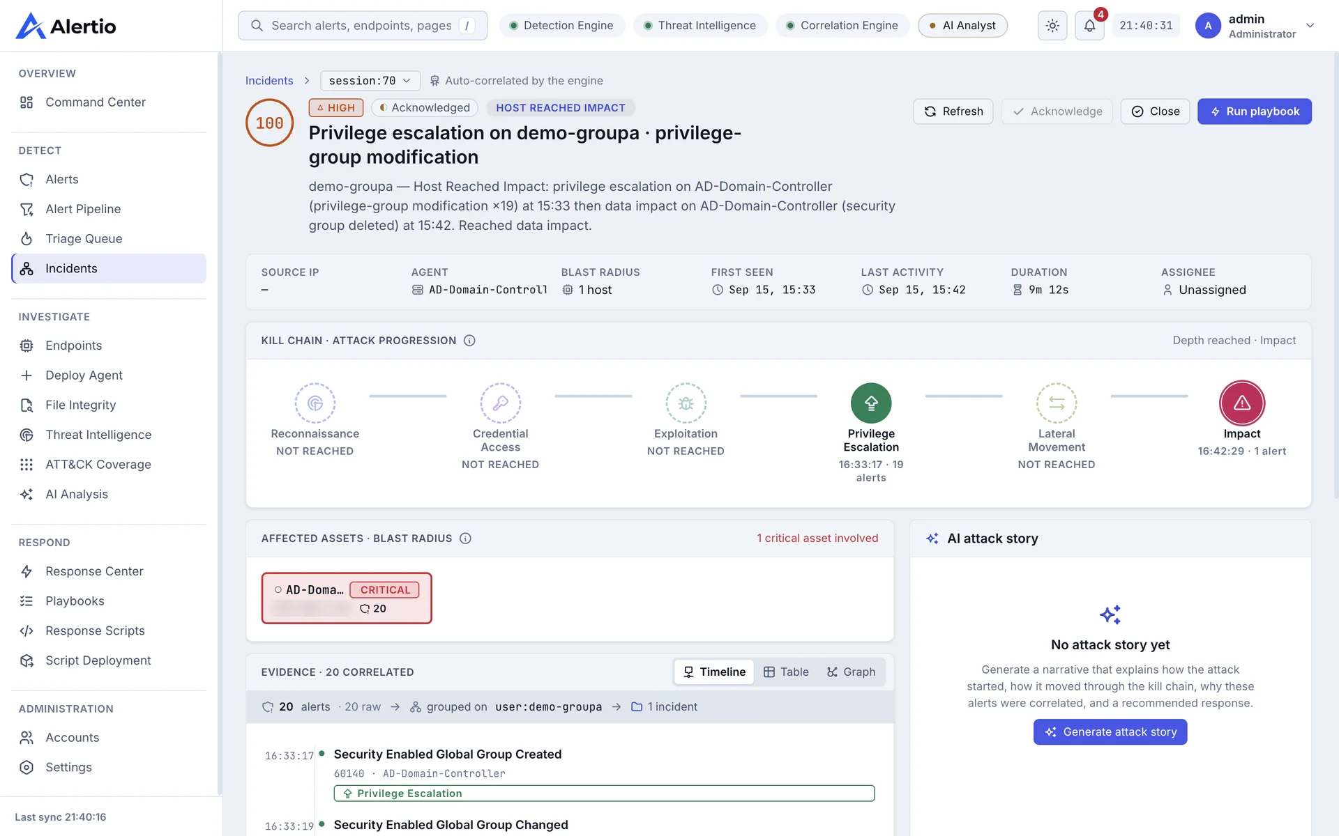 An Alertio incident: privilege escalation on a domain controller with a risk score of 100, the kill-chain progression from reconnaissance to impact, the affected asset, and the correlated evidence timeline.