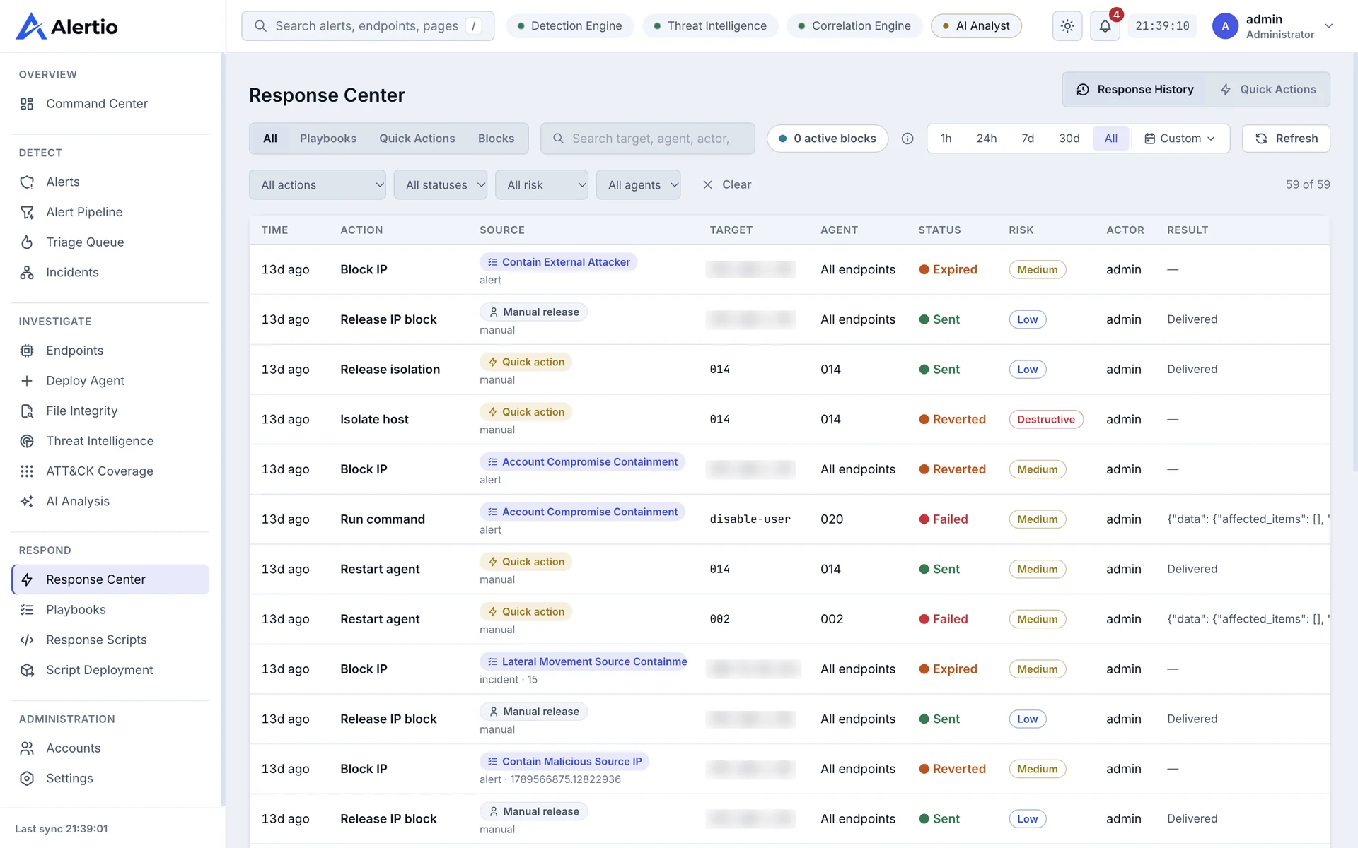 The Response Center: a history of response actions such as Block IP, Isolate host and Restart agent, each with its source playbook, target, status, risk and operator.