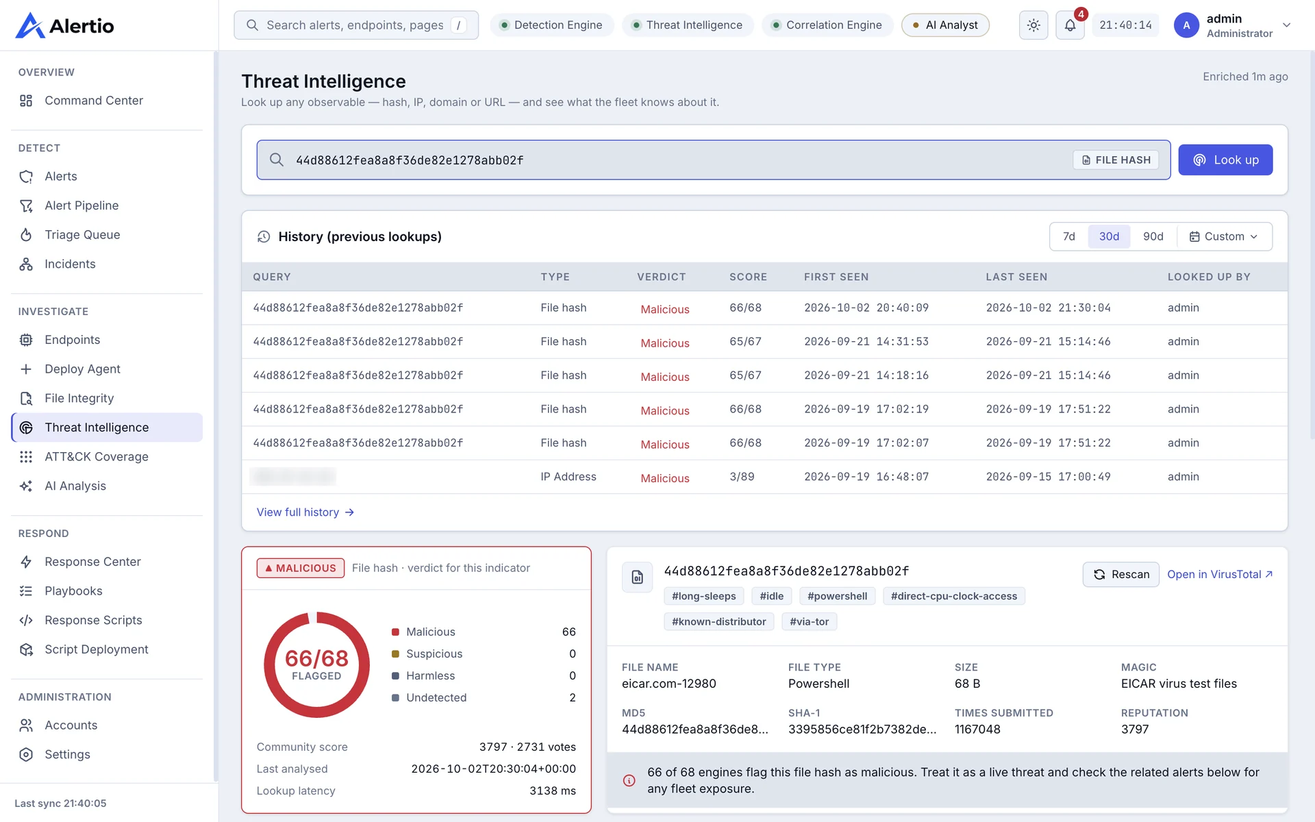 The Threat Intelligence page: a file hash checked against VirusTotal and flagged malicious by 66 of 68 engines, with the lookup history and the file details.