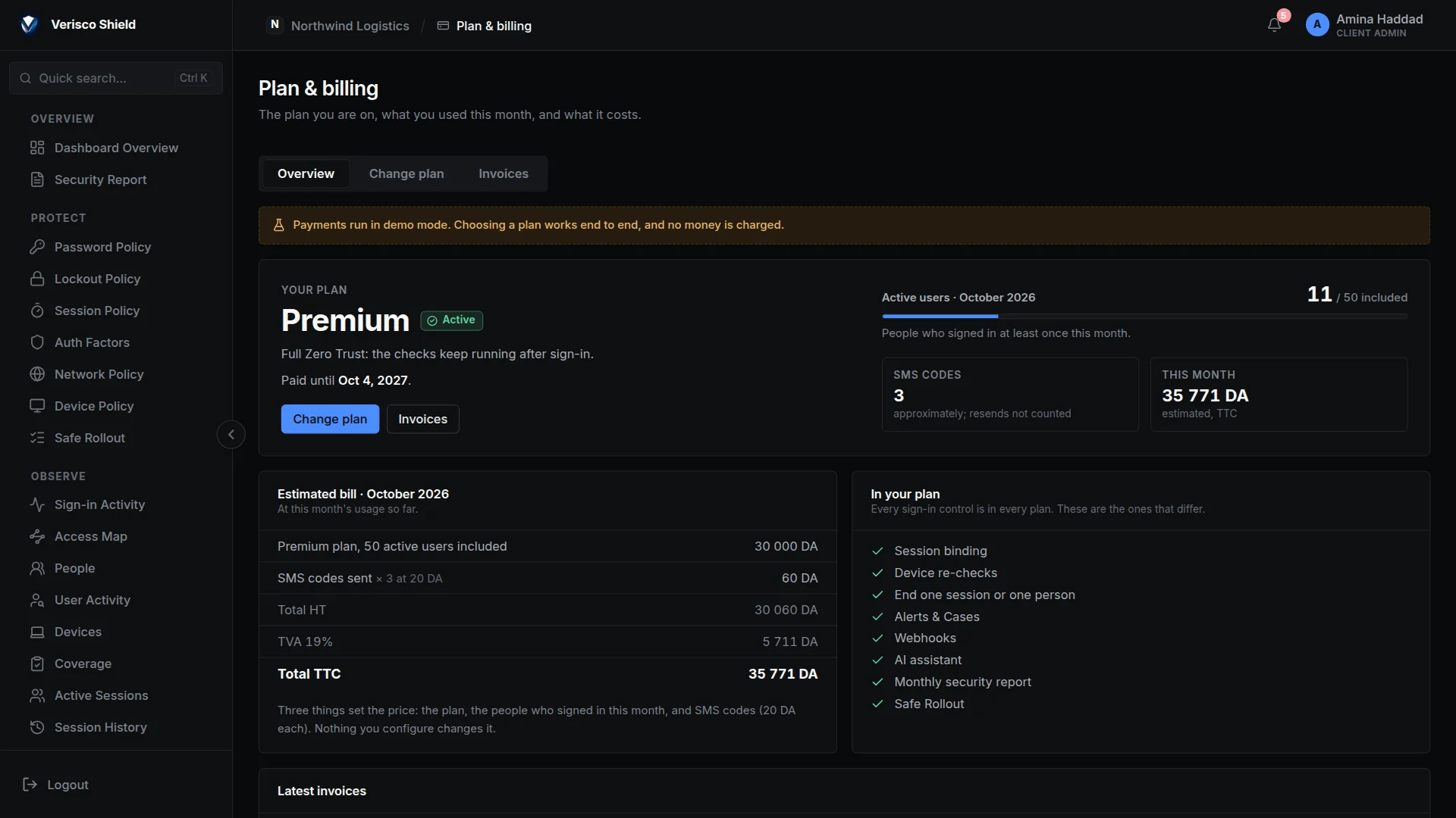 Plan and billing: a Premium plan, eleven active users this month, three SMS codes, and the estimated bill with TVA.