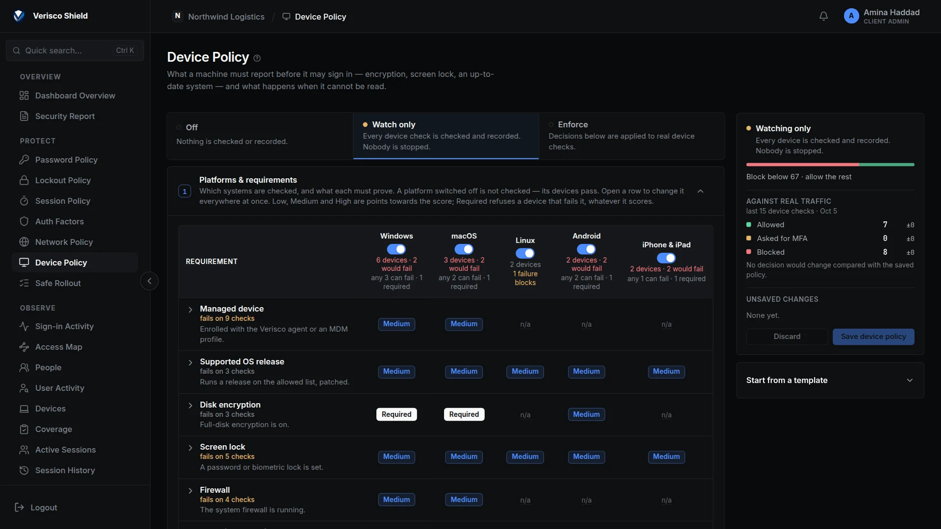 The Device Policy page in watch mode: requirements per platform, and how many devices would fail each one.