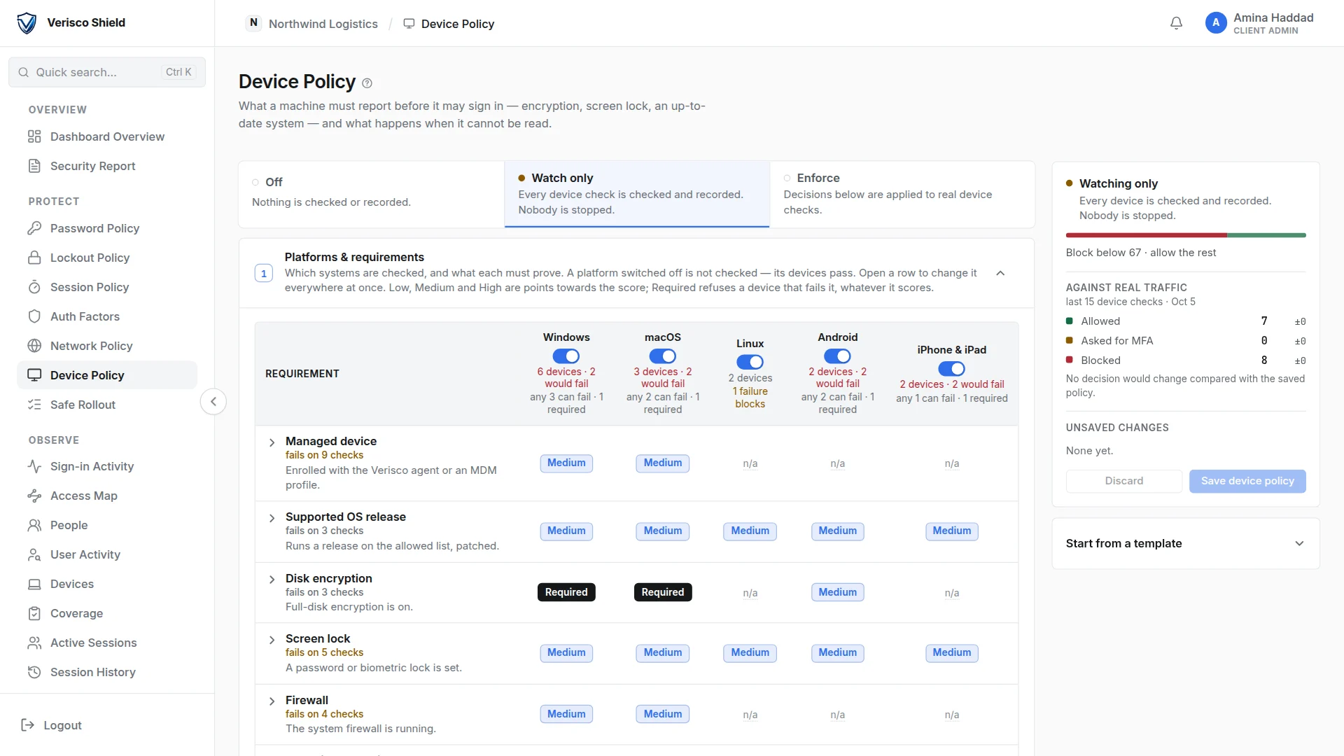 The Device Policy page in watch mode: requirements per platform, and how many devices would fail each one.