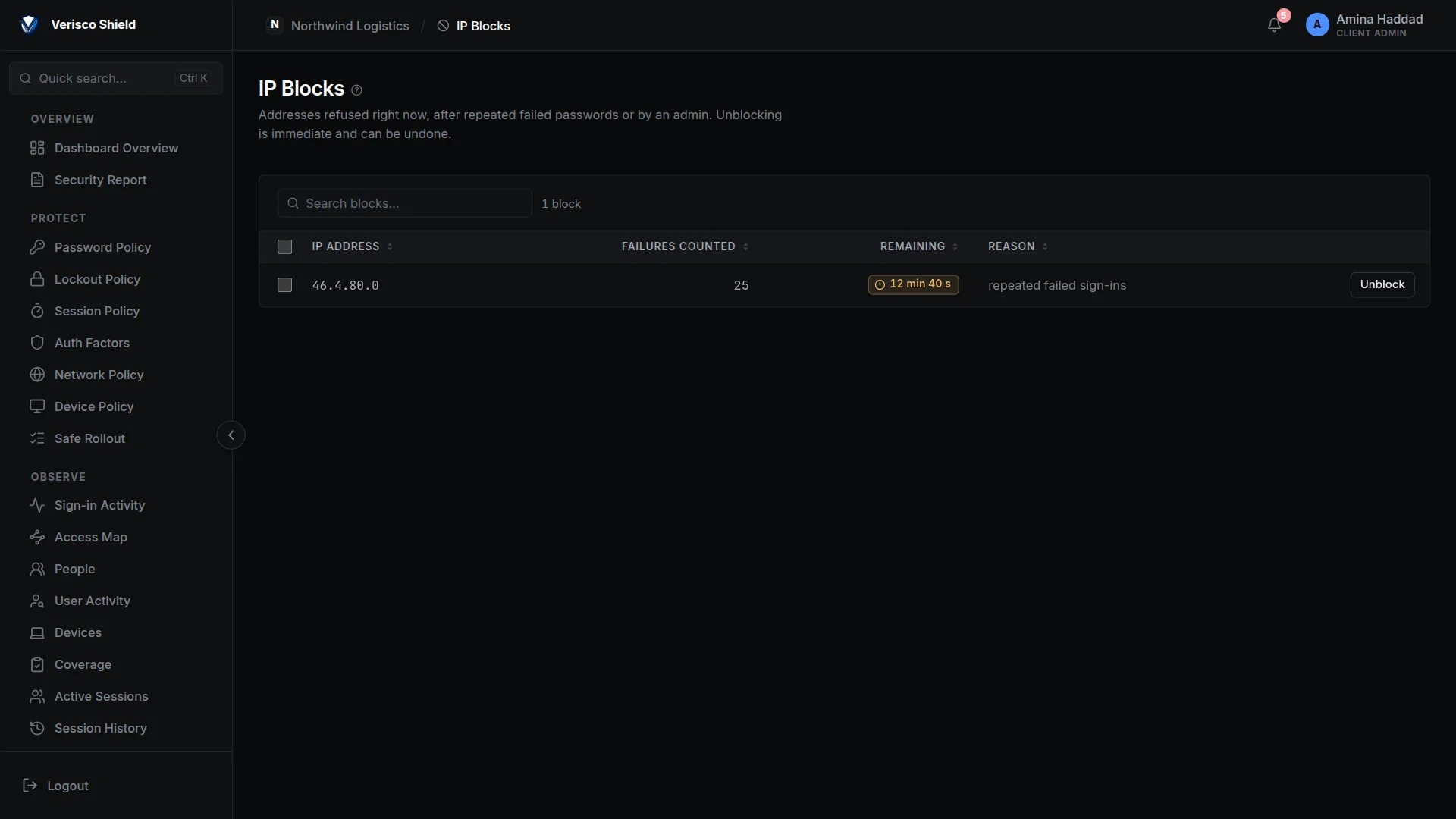 The IP Blocks page: one address blocked after 25 failures, with the time remaining and an Unblock button.