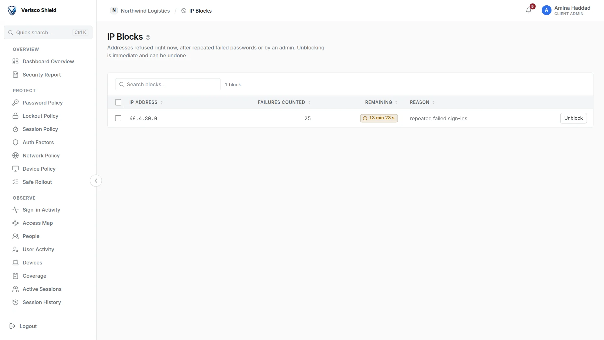 The IP Blocks page: one address blocked after 25 failures, with the time remaining and an Unblock button.