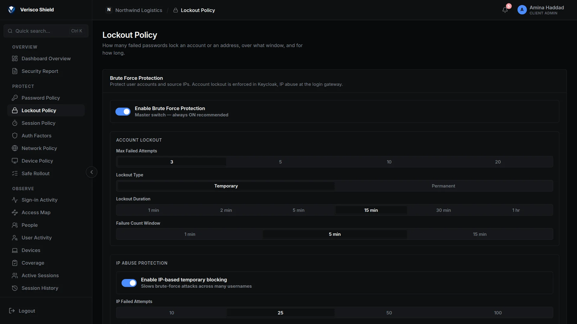 The Lockout Policy page: failed attempts before lockout, the lockout type and duration, and address blocking below.