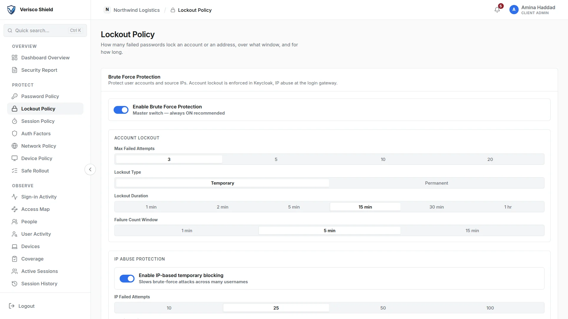 The Lockout Policy page: failed attempts before lockout, the lockout type and duration, and address blocking below.