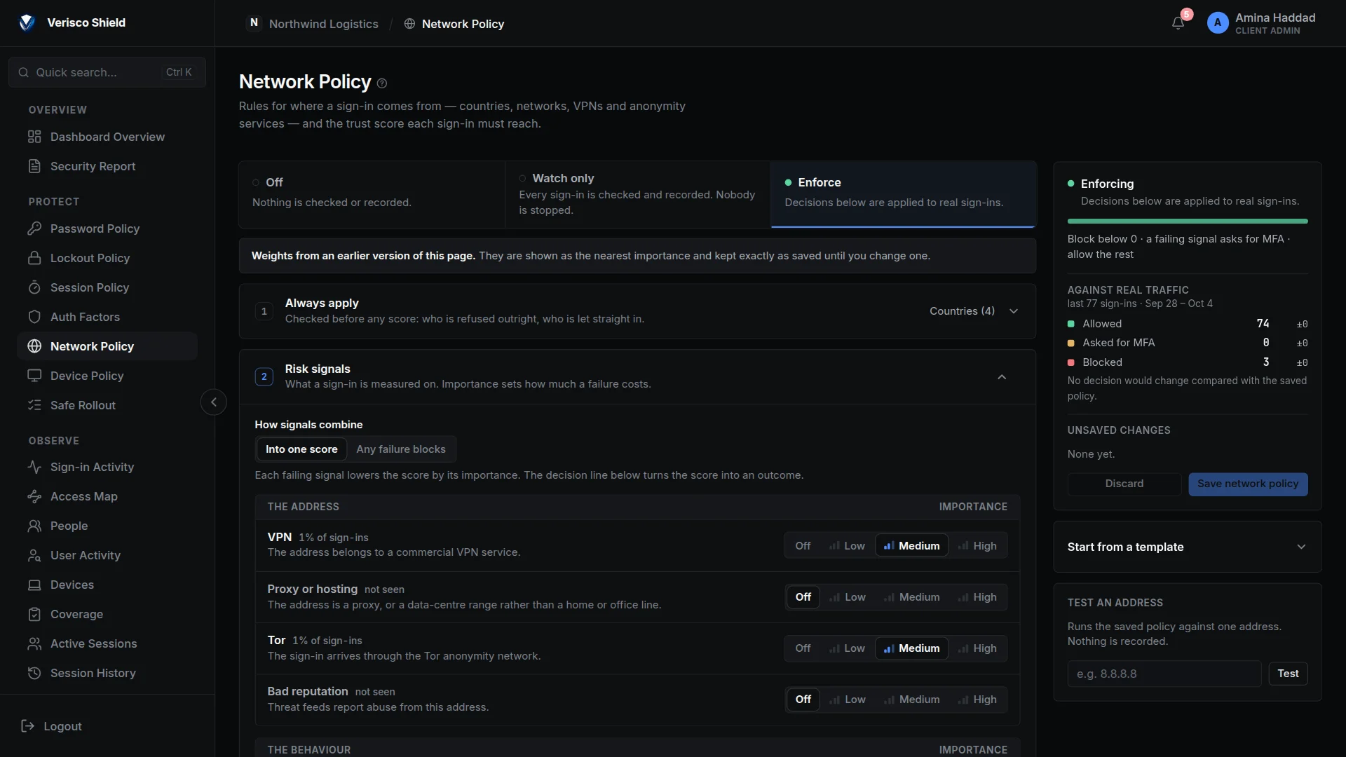 The Network Policy page in enforce mode, with the risk signals and their importance on the left and the effect against real traffic on the right.