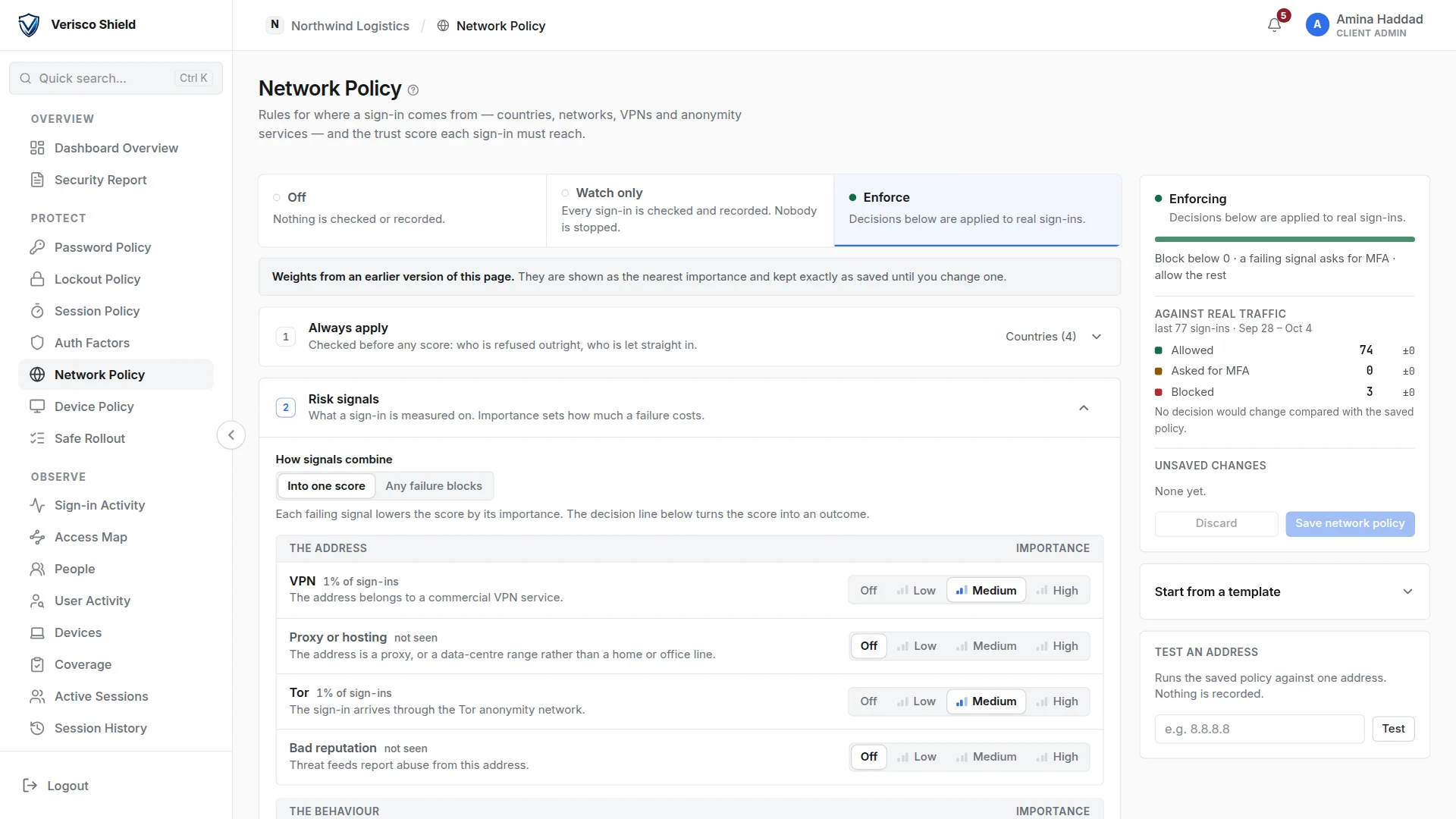 The Network Policy page in enforce mode, with the risk signals and their importance on the left and the effect against real traffic on the right.