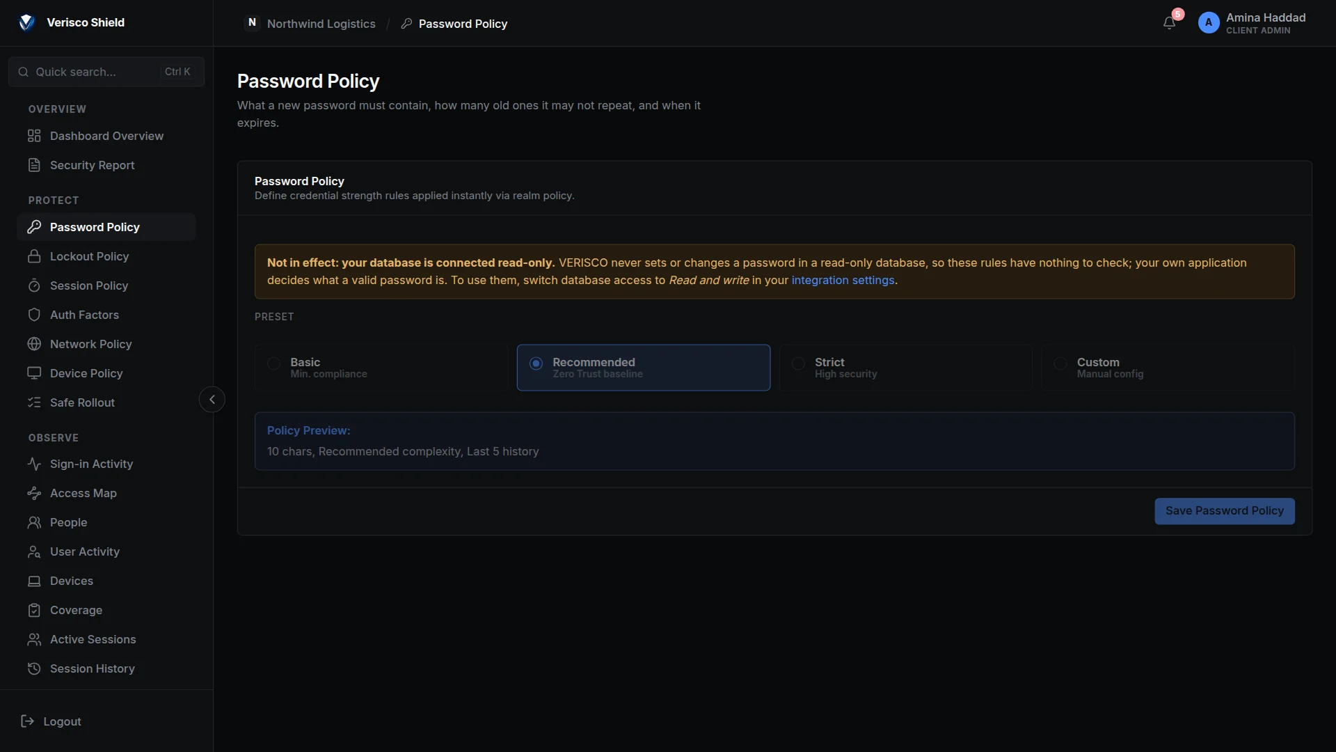 The Password Policy page for a read-only directory: a notice says the rules are not in effect, and the presets are shown disabled.
