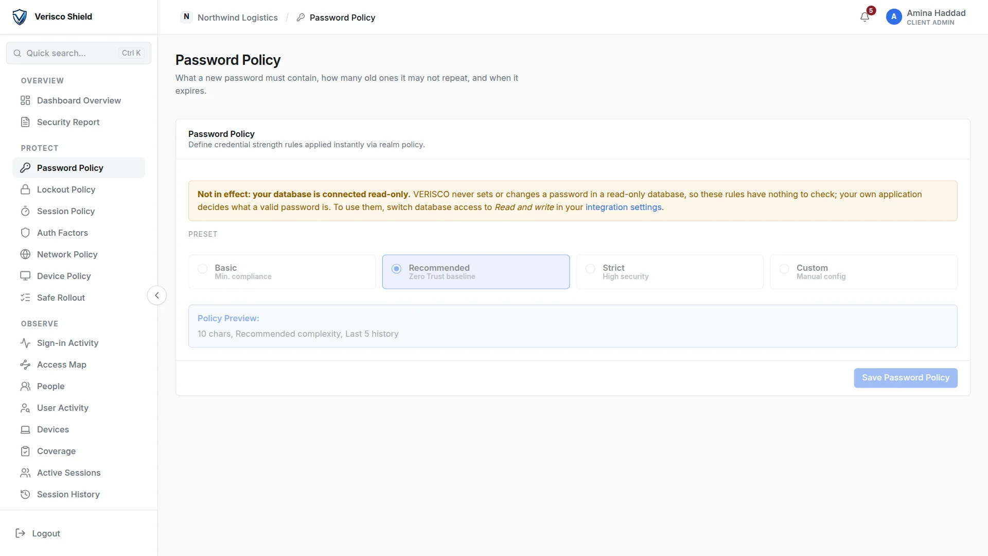 The Password Policy page for a read-only directory: a notice says the rules are not in effect, and the presets are shown disabled.