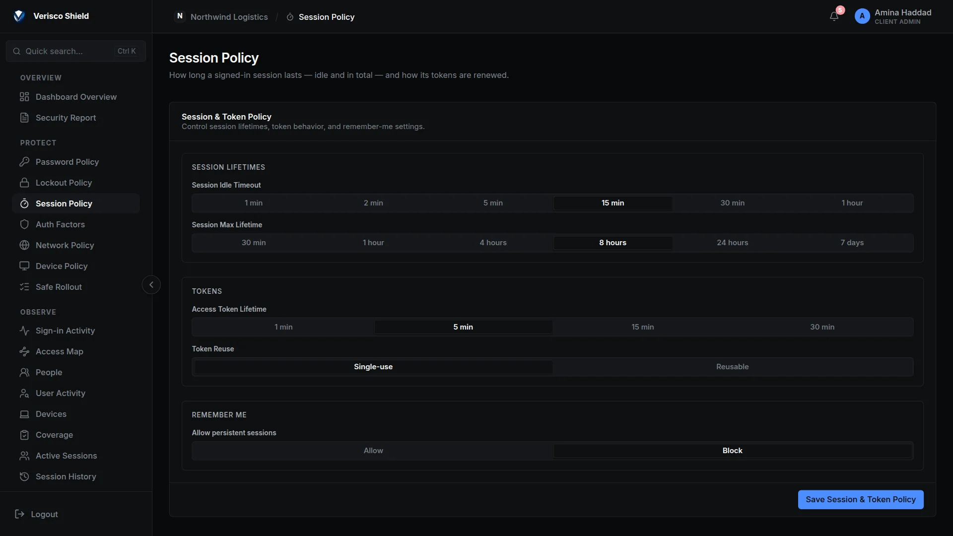 The Session Policy page: idle timeout, maximum lifetime, access token lifetime, token reuse and remember me.