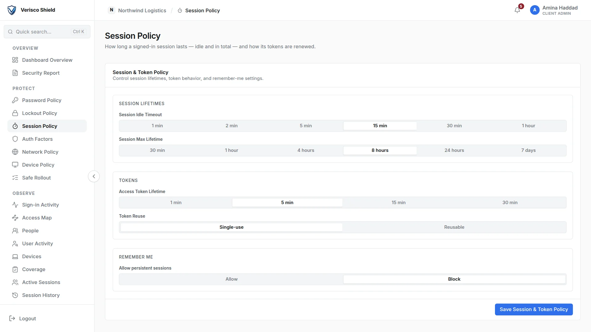 The Session Policy page: idle timeout, maximum lifetime, access token lifetime, token reuse and remember me.