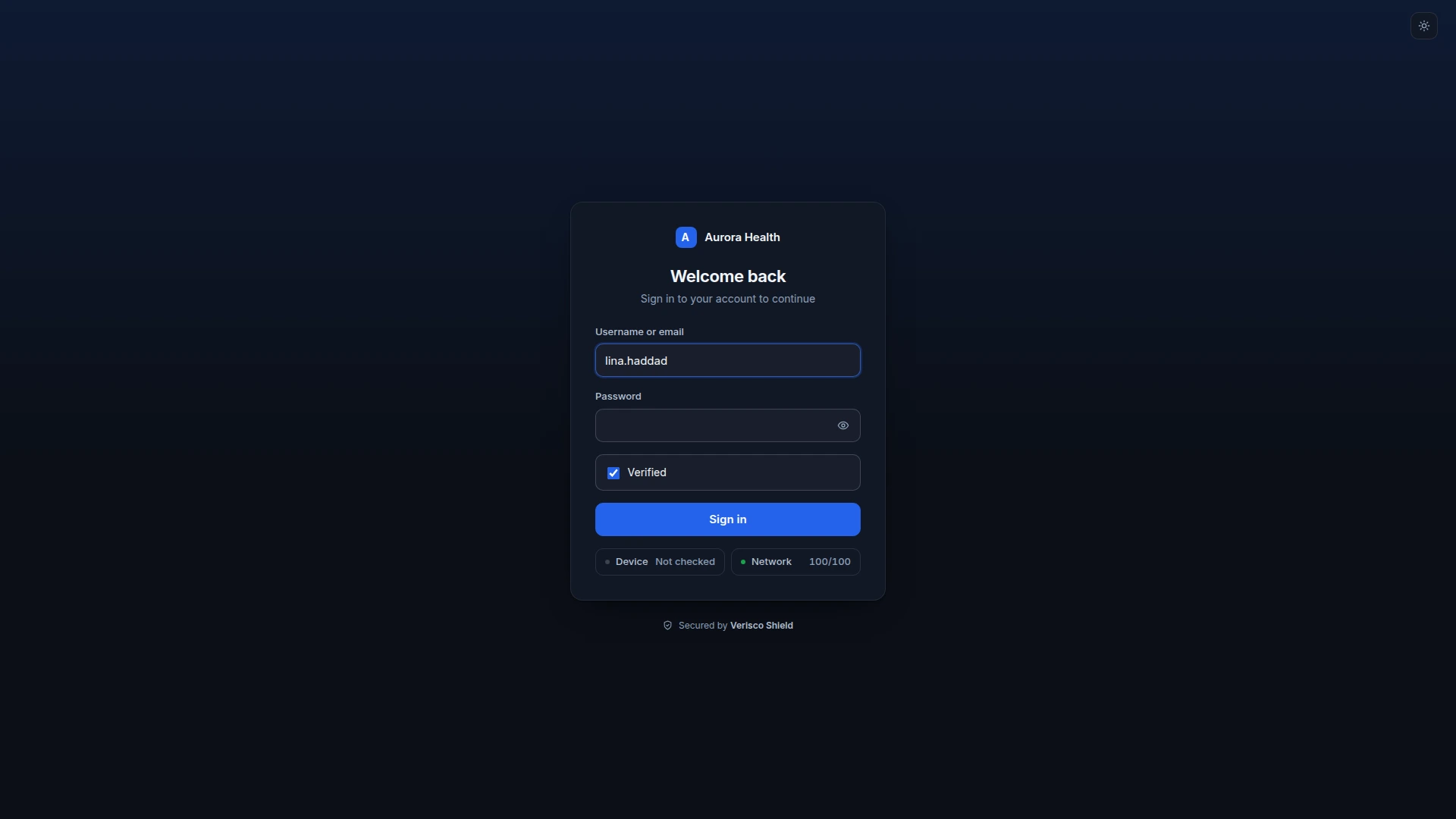 A tenant sign-in page: the company name at the top of the card, username and password, a verified captcha, the Sign in button, and the device and network checks below it.