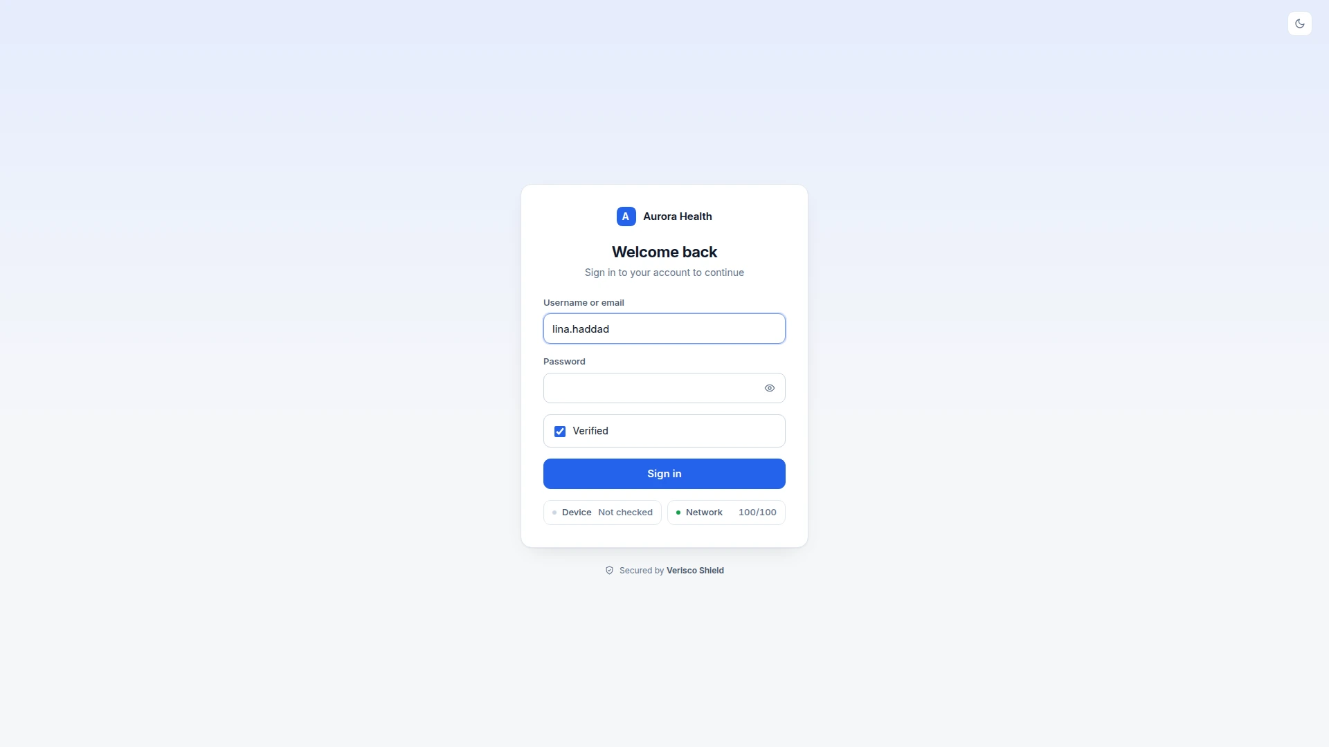 A tenant sign-in page: the company name at the top of the card, username and password, a verified captcha, the Sign in button, and the device and network checks below it.